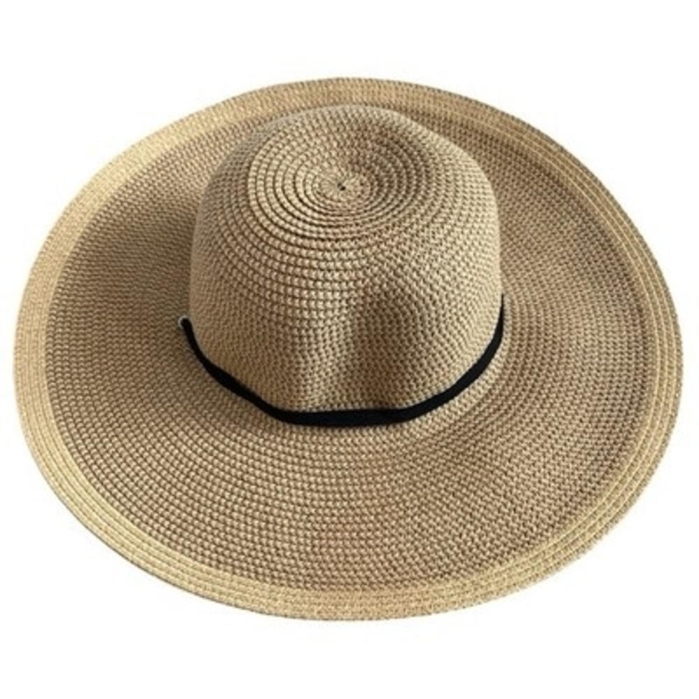 Smith & Hawken Wide Brim Straw Sun Hat Black Ribbon Chin Cord Natural Tan VG - Picture 3 of 10